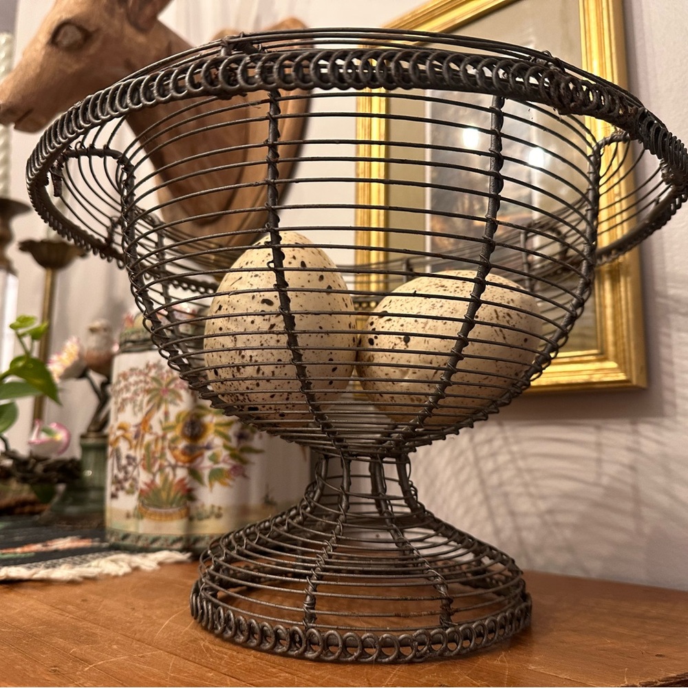 Vintage French Wire Fruit / Egg Bowl Wire Pedestal Compote Basket Country